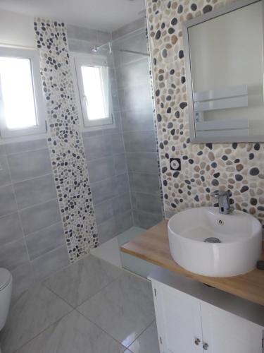 y baño blanco con lavabo y ducha. en Les 2 dauphins en Le Barcarès