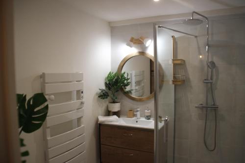 La salle de bains est pourvue d'un lavabo et d'une douche avec un miroir. dans l'établissement La Casa De Planel, à Montpellier
