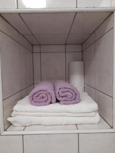 deux serviettes violettes assises sur une étagère dans une salle de bains dans l'établissement Apartma Lena, à Kranjska Gora