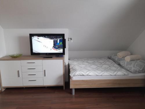 - une chambre avec un lit et une télévision à écran plat dans l'établissement Apartma Lena, à Kranjska Gora