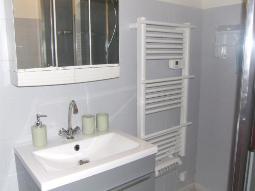 a bathroom with a white sink and a mirror at gite bertry 