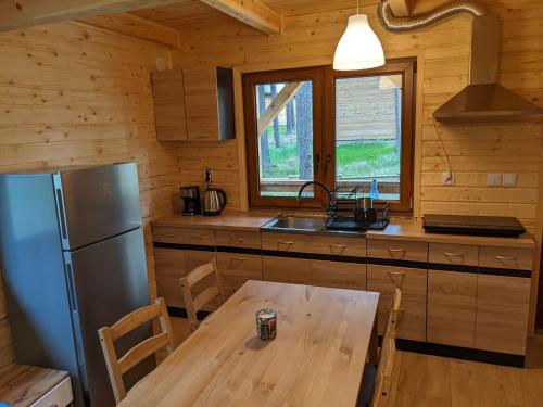een keuken met een tafel en een koelkast bij Lucky house Borsk in Borsk
