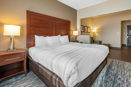 a bedroom with a large bed with a wooden headboard at Comfort Suites Keeneland in Lexington