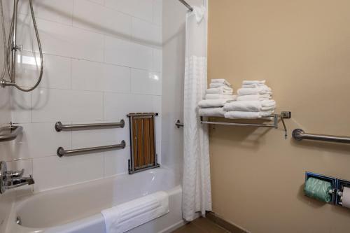a bathroom with a shower and a tub and towels at Comfort Suites Keeneland in Lexington