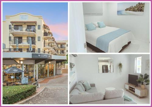 three pictures of a hotel with a bed and a building at The Strand u28 in Townsville