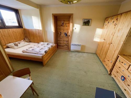 1 dormitorio con 1 cama y pared de madera en Chalupa u Procházků en Meziměstí