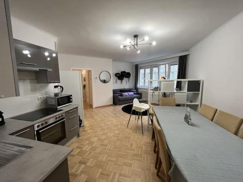cocina y sala de estar con encimera en *Luxurious and Spacious family apartment*, en Viena