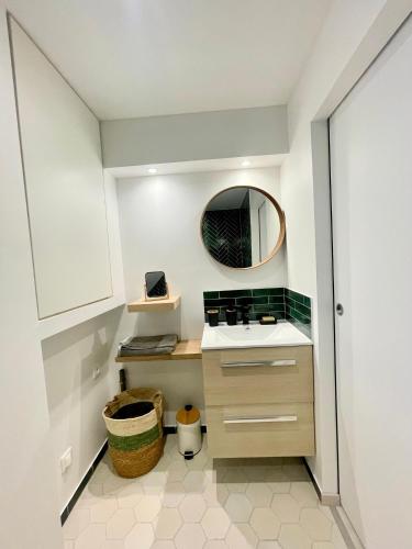Una pequeña cocina con fregadero y espejo. en Grand studio Hyper centre WIFI, en Rodez