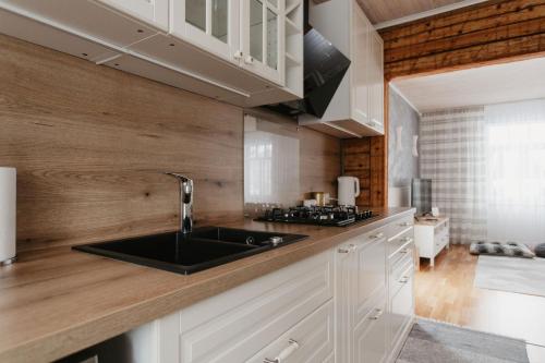 a kitchen with a black sink and wooden walls at Vase Holiday Home in Tartu