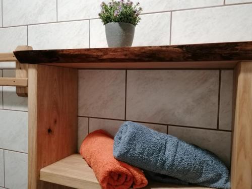 una estantería de madera con una almohada y una planta en Apartma, en Selnica ob Dravi