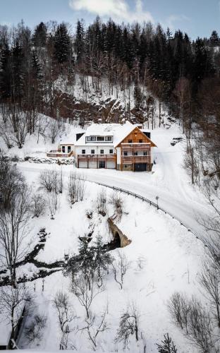 a house is covered in snow in a field at Apartmány NONE in Branná