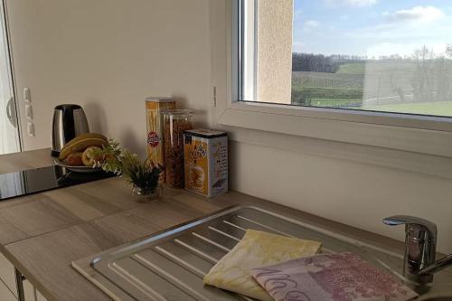 un comptoir de cuisine avec un évier et une fenêtre dans l'établissement Grand studio récent indépendant, à Saint-Simon-de-Bordes