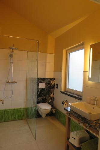 uma casa de banho com um chuveiro, um WC e um lavatório. em Weserberglandalm em Ottenstein