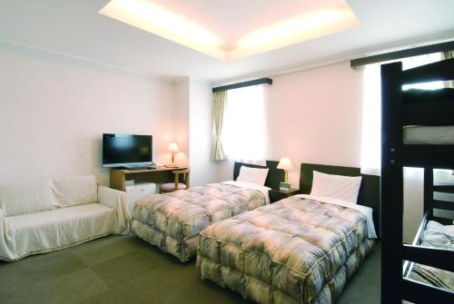 a hotel room with a bed and a chair and a tv at Hotel New Ohte in Hakodate