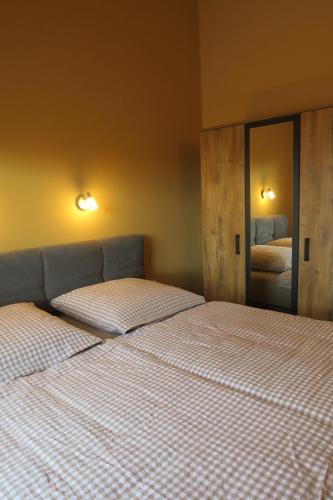 a bedroom with two beds and a mirror at Weserberglandalm in Ottenstein