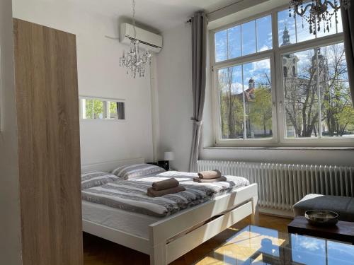 a bedroom with a bed and a large window at Apartments Katrca Ljubljana in Ljubljana