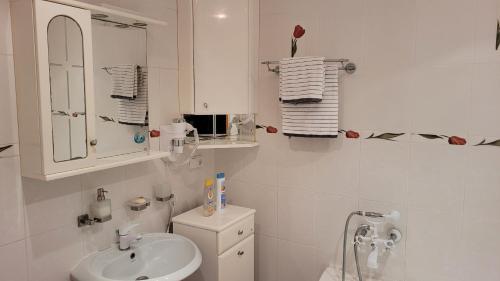 La salle de bains blanche est pourvue d'un lavabo et de toilettes. dans l'établissement Апартаменти на Проспекті., à Khmelnytsky