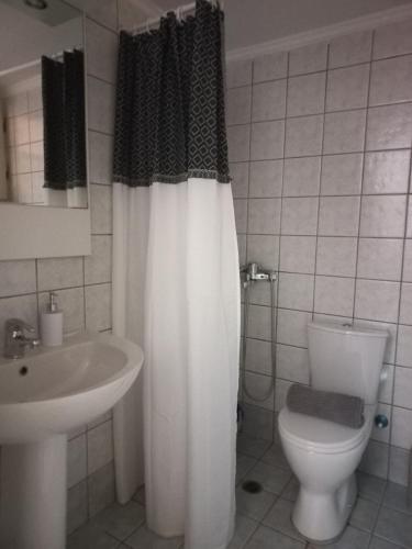 a bathroom with a white toilet and a sink at The Valkyries 2 in Leonidion