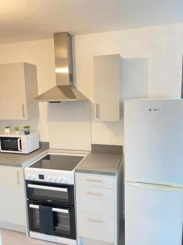 a kitchen with a stove and a white refrigerator at De paradise in Barking
