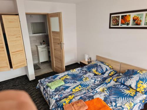 ein Schlafzimmer mit einem Bett und ein Badezimmer mit einem TV in der Unterkunft Kajaki i Rowery in Ruciane-Nida