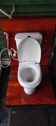 a white toilet sitting next to a wooden wall at Jungle Cabin in Bundala Levagamgoda