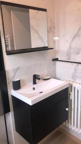 La salle de bains est pourvue d'un lavabo noir et blanc et d'un miroir. dans l'établissement Renovated Apartment Near the Beach, à Nice