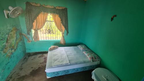 um quarto verde com uma cama e uma janela em La Casa del Artista em Esquipulas