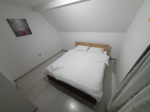 1 dormitorio con 1 cama blanca con sábanas y almohadas blancas en Casa Sandu, en Topliţa