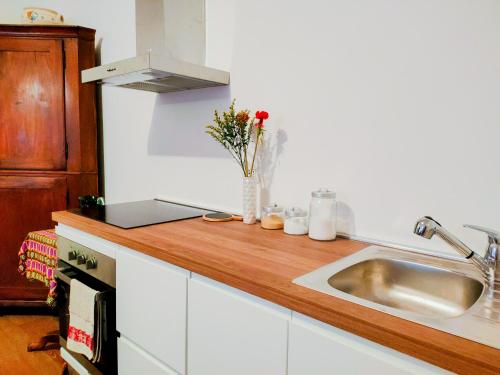 a kitchen with a sink and a counter with flowers at Casa Francesca zona Gemelli in Rome