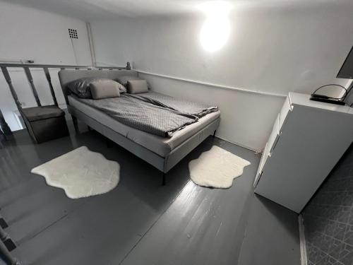 - une petite chambre avec un lit et deux tapis dans l'établissement Dave Apartman 2, à Szeged