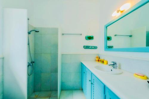 uma casa de banho com um lavatório e um chuveiro com um espelho. em Santa Maria Traditional Stone Studio em Santa Marina