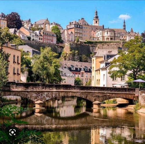 uma ponte sobre um rio numa cidade com edifícios em Amazing cosy flat Lux Gare em Luxemburgo