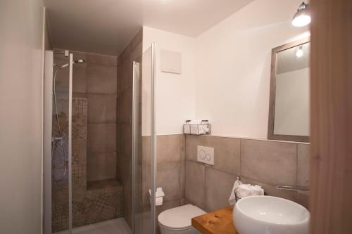 a bathroom with a shower and a toilet and a sink at Aux Trois Soleils in Chexbres