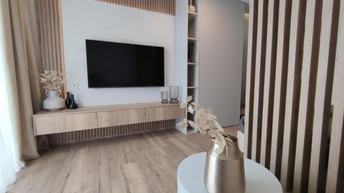 a living room with a flat screen tv on a wall at Apartments Tomislav in Novalja