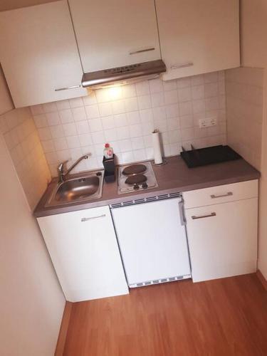 una pequeña cocina con armarios blancos y fregadero en Helles Apartment, en Neutraubling