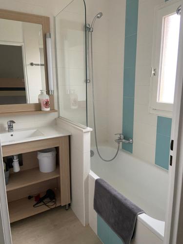 a bathroom with a shower and a sink and a mirror at Domaine Valescure vue Piscine ou Pinede - Wifi in Saint-Raphaël