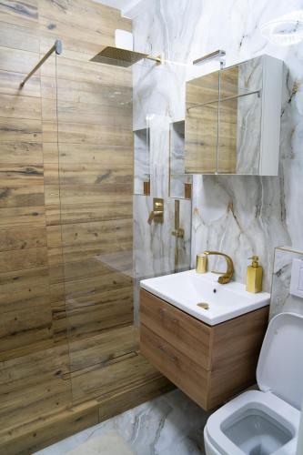 a bathroom with a toilet and a sink and a shower at Central Parc Apartment 1 ! Self Check-in ! Free Parking ! WiFi in Suceava
