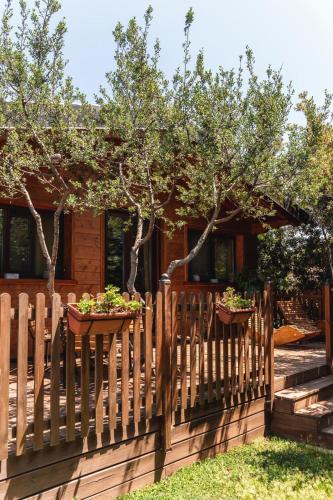 a wooden fence with two potted plants on it at Masseria Montanaro in Cisternino