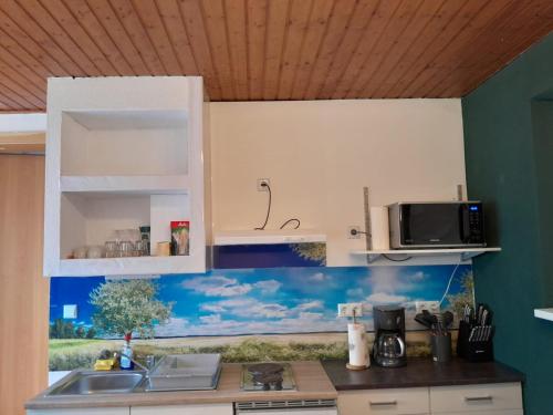 cocina con fregadero y microondas en Ferienwohnung Belvie, en Butzbach