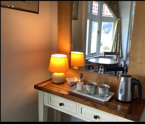 a bathroom counter with a lamp and a mirror at The Views Bed and Breakfast in Llangollen