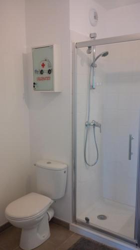 une salle de bain blanche avec toilettes et douche dans l'établissement appartement bayonne, à Bayonne