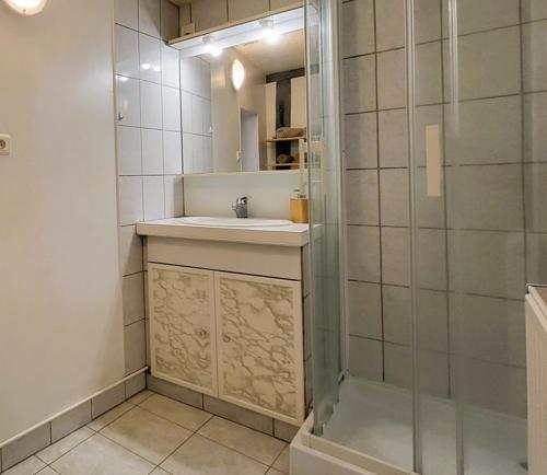 a bathroom with a sink and a shower at La petite forêt in Romorantin