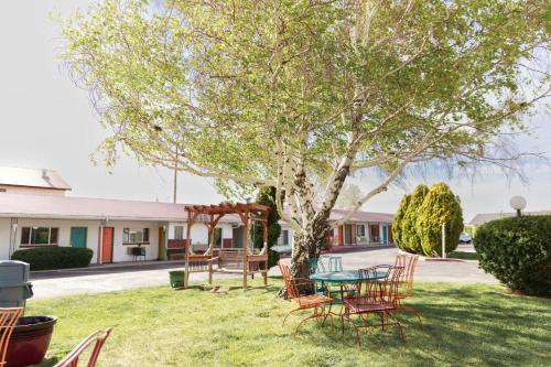 a table and chairs under a tree in a yard at Retro Inn at Mesa Verde in Cortez