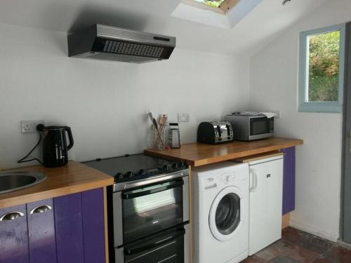 uma cozinha com um fogão e uma máquina de lavar roupa em Cosy Beach-side Apartment em Cahersiveen