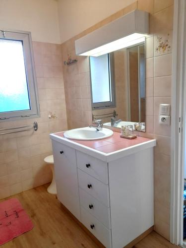 une salle de bain avec un lavabo blanc et un miroir dans l'établissement Les Albizias 5, à Eugénie-les-Bains