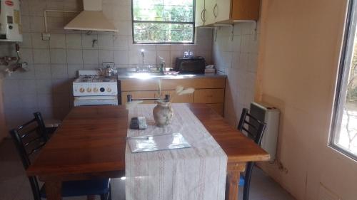 una cocina con una mesa de madera con un gato sentado en ella en CASA VISTALBA en Luján de Cuyo