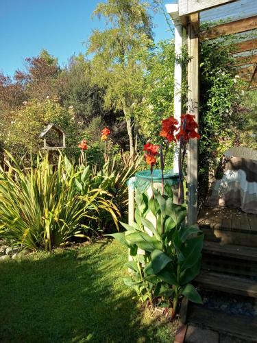 a garden with red flowers on the side of a house at Gateway to Abel Tasman Park & Kaiteriteri. in Umukuri