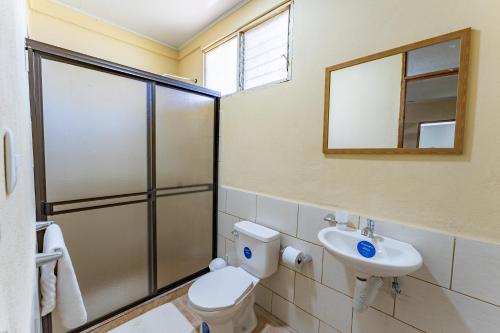 y baño con aseo, lavabo y espejo. en El Cocobolo Food&Rest Room 6 Bed and Breakfast WiFi AC Pkg gratis, en Liberia