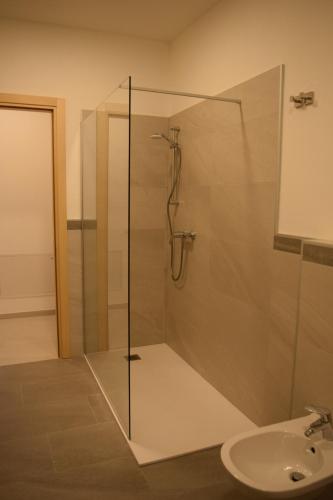 La salle de bains est pourvue d'une douche en verre et d'un lavabo. dans l'établissement Home d'elite Il Vitigno, à Lavis