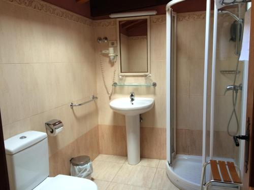 een badkamer met een wastafel, een douche en een toilet bij Hotel Konbenio in Amorebieta-Etxano
